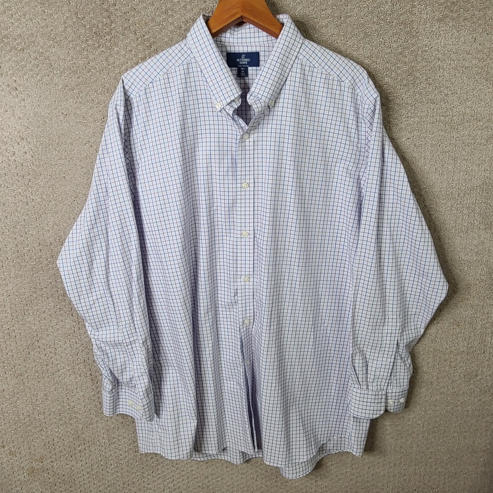 Buttoned Down Shirt‎ Men 18.5 35 White Purple Blue Check Fitted Button Non-Iron